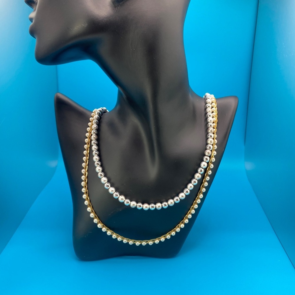 Vintage Napier Necklace Lot of 2 Silver Tone Ball Bead 19"/23"  Faux Pearl‎